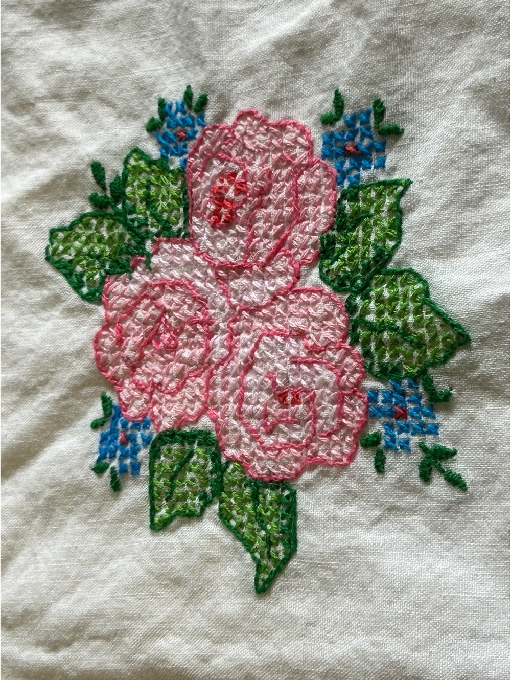 Vintage Embroidered Hand Towel with Pink Roses and Blue Flowers